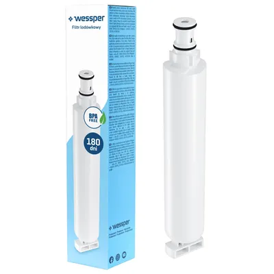 A refrigerator water filter and its packaging are displayed against a white background.