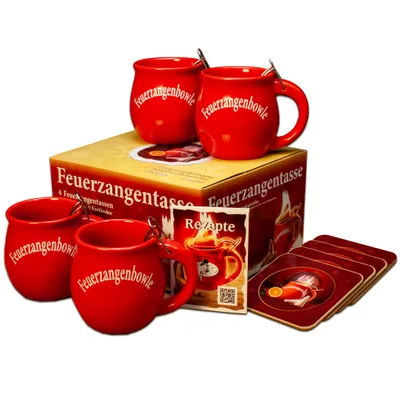 A set of red Feuerzangentassen (mulled wine mugs) with a box and coasters.
