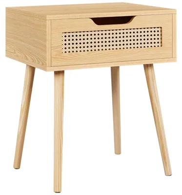 Image de Yaheetech : Table de chevet en rotin, table d'appoint, commode de nuit avec 1 tiroir et pieds en bois