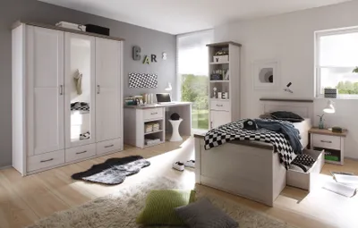 Produktbild von Jugendzimmer Luca in Pinie Weiß und Trüffel 5 teiliges Superset - Kinderzimmer Möbel Teenager Zimmer Jungs und Mädchen