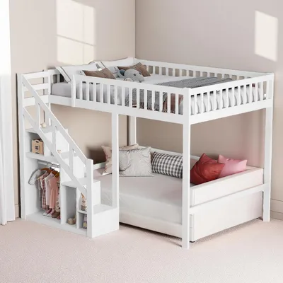 Immagine prodotto di Letto a castello 90x200 cm per bambini, in legno di pino, bianco, con scaletta e sponde di sicurezza