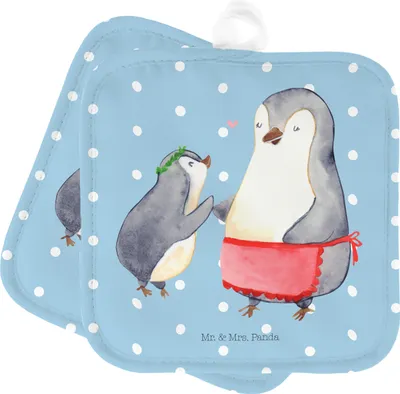 Produktbild von Mr. & Mrs. Panda Topflappen Pinguin mit Kind - Blau Pastell - Geschenk, Muttertag, Ofenlappen, Mama, Tochter, topfhalter, Familie, Vorbild, Mutter, Set, Topfuntersetzer