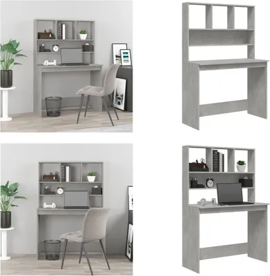 Collage of four images showing a desk with a hutch, in different settings and angles.