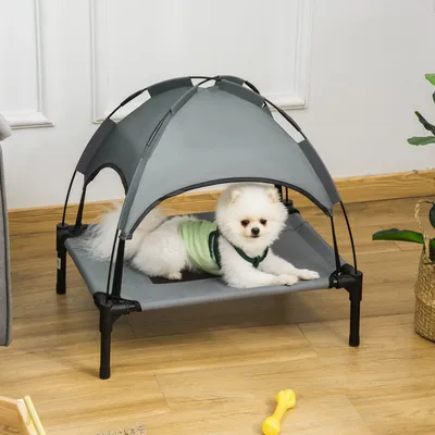 Produktbild von Hundebett erhöht mit Baldachin, Hundeliege Outdoor Oxford-Netzstoff Metallrahmen, Grau-Schwarz | 61 x 46 x 62 cm | 18 cm Standhöhe | atmungsaktiv