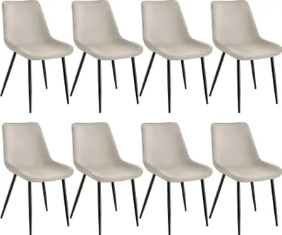 A set of eight beige dining chairs with black legs arranged in two rows of four.