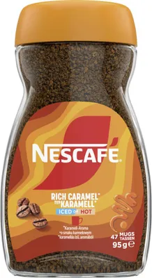 A jar of Nescafé instant coffee with caramel flavor.