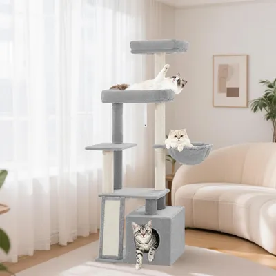 Produktbild von Fobyfurny kratzbaum, 144 cm Mehrstöckiger Katzenbaum, Hellgrau | Katzenturm mit Kratzbrett, 4 Sisalstangen, Gemütlicher Katzenhaus, 2 Plattformen