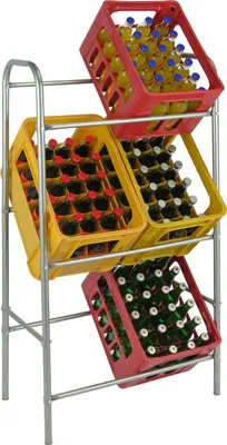 A metal rack holding several crates of bottled drinks.