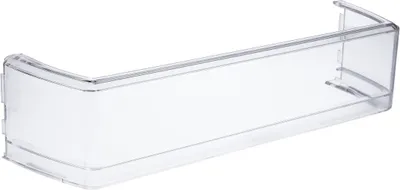 A clear plastic refrigerator door shelf.