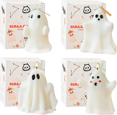 Imagen del producto de 4 velas aromáticas de Halloween, elaboradas con cera de soja natural para perfumar el hogar, con una duración de 20 a 28 horas