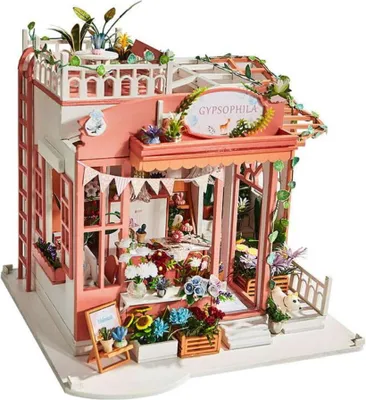Image de Habarri | Maison Miniature - DIY Maison de Poupées - Maison en Bois avec Meubles et éclairage LED - Charmante Boutique De Fleurs