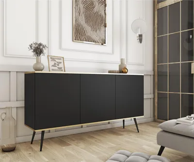 Produktbild von 3-türig Kommode Glow im glamour Stil Schrank mit Regalen 160 cm Breit modern Sideboard mit goldenen Zusätzen, Farbe: Farbe: Schwarz, Schwarz