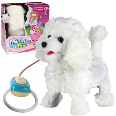 A toy poodle with its packaging and remote control.