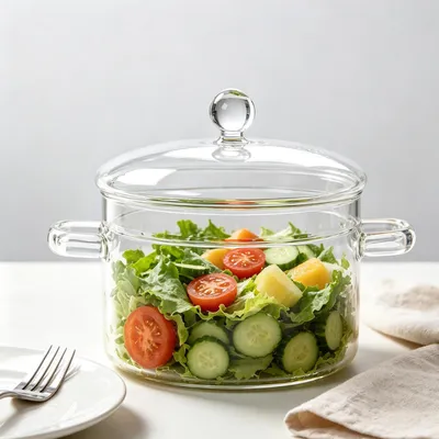 Produktbild von Multifunktionaler Glas-Serviertopf mit Doppelgriff und Deckel, dekorativer Kš¹chentopf fš¹r Kš¹che und Buffet