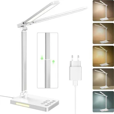 Productafbeelding van Bureaulamp 56 cm dubbele kop dimbaar 5 kleurmodi 10 helderheidsniveaus in hoogte verstelbaar - LED oogverzorging tafellamp met USB-poort Bureaulamp