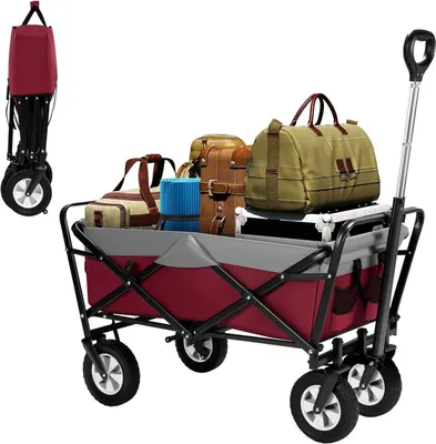 A red and gray folding wagon filled with luggage and a blue rolled-up item, shown on a white background. A folded version of the wagon is visible on the left.