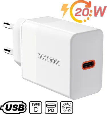 Produktbild von Echos 20W USB-C Schnellladegerät | PD und PPS | Sehr breite Kompatibilität | Kompatibel mit Apple iPhone 12/13/14, Samsung Galaxy S20/21/22, Xiaomi 10/11/12, Huawei Mate 20/30 Pro, P40,P30,P20, Redmi, OnePlus, Oppo, uvm | 5V 3A Ausgangsleistung | weiß