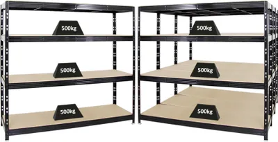 Produktbild von Mega Deal | 4x Profi Schwerlastregal Rhino | HxBxT 180x200x60cm | 4 Spanplatten-Ebenen 8mm | Fachlast 500kg | Schwarz