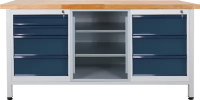Produktbild von Werkbank Giant Rhino mit 7 Schubladen + Regalfach | HxBxT 84x170x60cm | Traglast 500kg | Lichtgrau/Anthrazitgrau