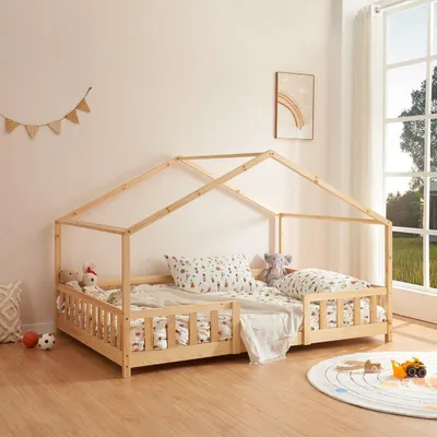 Image de Lit pour enfant en forme de maison, dimensions 140x200 cm, en bois massif de pin, avec barrière de sécurité