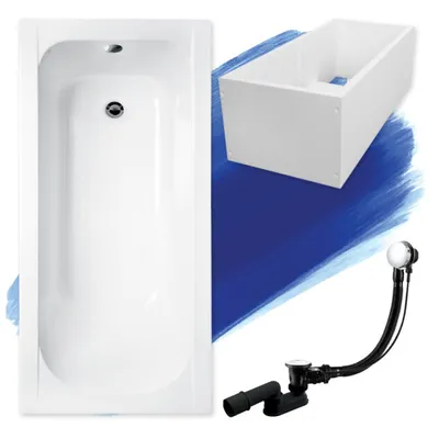 Zdjęcie produktu dla Wanna Akrylowa Zestaw 4w1 Prostokątna 140x70 Biała + Styropianowy Nośnik Stabilizujący, Nowoczesny Syfon, Nogi (stelaż) w komplecie | BADLAND CONTINEA