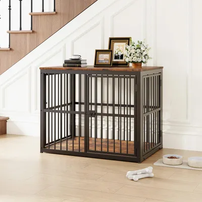 Productafbeelding van 84x56x66 cm Hondenkennel, meubelstuk in zwart en bruin, met 3 deuren, waterdicht plateau, geschikt als TV-meubel