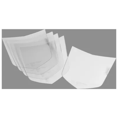 Several transparent plastic shields are stacked and fanned out, with one shield placed separately to the right.