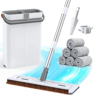 Productafbeelding van Vlakmop dweilmop emmerset - 40 cm - Microvezel - 6 pads - Met wringsysteem