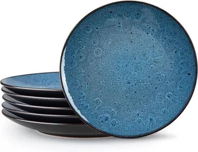 Obrázek produktu pro Sada 6 keramických modrých talířů, 25 cm, vhodné do mikrovlnné trouby
