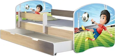 Produktbild von ACMA Jugendbett Kinderbett Junior-Bett Komplett-Set mit Matratze Lattenrost und Rausfallschutz Sonoma 13 Fußballer 140x70 + Bettkasten