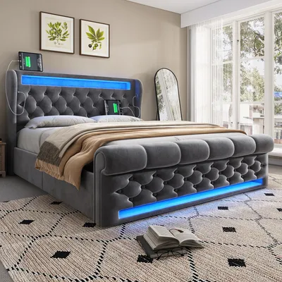 Produktbild von okwish Polsterbett 140x200 mit Bettkasten und Stauraum-Kopfteil,Doppelbett mit LED&USB- und Typ-C-Anschlüssen,Jugendbett-Ohne Matratze,Grau
