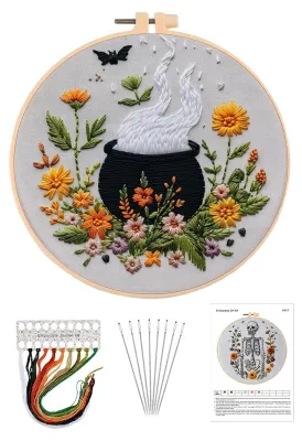 Produktbild von 1 Set Halloween-Stickset mit Stickrahmen, Garn, Schere, Einfädler, Anfänger-Stickset mit gotischem Kreuzstichmuster, Handstickerei-Starterset, Geschenk für DIY-Begeisterte B