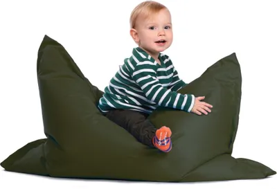 A baby sits on a dark green beanbag chair.