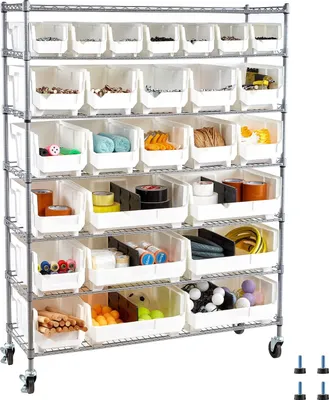 Zdjęcie produktu dla Regał magazynowy – regał stojący – 26 pojemników do układania w stosy – 7 poziomów – na kółkach – wymiary 35,5 x 111 x 148 cm