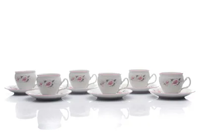 Image de Thun 1794 Tasses et soucoupes, 240 ml, porcelaine tchèque, Bernadotte, rose, rayures roses, Thun, 6 pièces