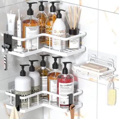 Produktbild von Duschablage Ecke ohne Bohren Badezimmer Organizer mit 4 Haken 3 Stück Weiß