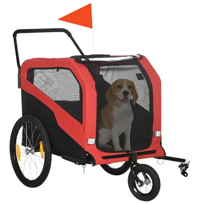 Immagine prodotto di PawHut Rimorchio per cani 2 in 1, rimorchio da bicicletta e carrello per cani con catarifrangenti, rosso