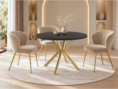 Produktbild von Runder Ausziehbarer Esstisch mit Goldenen X-Gestell Beinen - ⌀ 100-180 cm - Loft Industriell Design - für 4-6 Personen - Schwarz