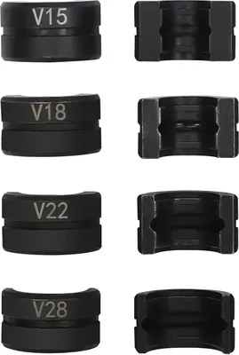 Immagine prodotto di Ganasce di pressatura - Profilo a V, set di 4 pezzi 15/18/22/28 mm - Per tubi in rame - Per utensili di pressatura - Acciaio 45Cr - Nero