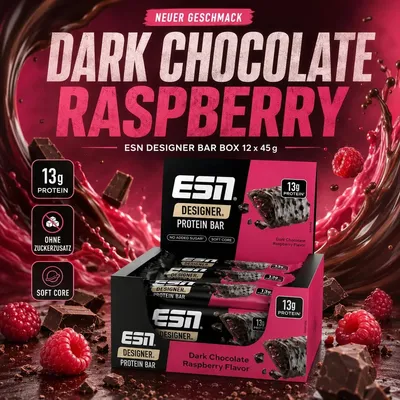 Produktbild von 12× ESN Designer Protein Bar Dark Chocolate Raspberry 45 g – Proteinriegel mit Zartbitterschokolade & Himbeerfüllung (540 g)
