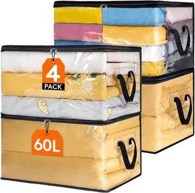 Productafbeelding van Transparante opbergzakken 60L - Set van 4 - PVC kledingopbergtas - Opvouwbaar dekbedovertrek met handgrepen - Kleding