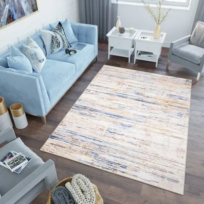 Produktbild von Teppich Wohnzimmer Schlafzimmer Kurzflor Modern Design Beige Blau Gelb Meliert 140 x 200 cm