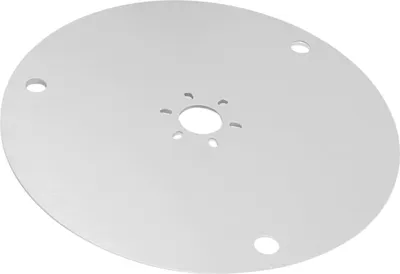 A white circular plate with holes in the center and around the edge, shown from a slightly elevated angle against a white background.