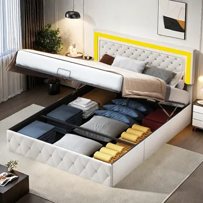 Image de UnboxG Lit rembourré 160x200 cm en beige, avec espace de rangement et éclairage LED, lit double en velours avec sommier à lattes hydraulique