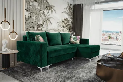 Produktbild von MEBLINI Schlafcouch mit Bettkasten - Kleines Ecksofa mit Schlaffunktion - Sofa mit Relaxfunktion und Kissen - Kleine Couch L-Form - Eckcouch - MASSIMO - 236x145x86cm - Grün Samt