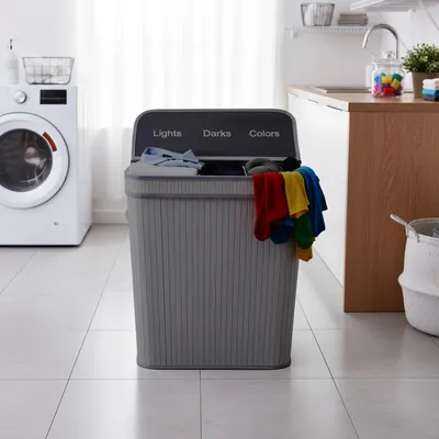 Image de Panier à linge Relaxdays avec couvercle, 2 compartiments, en bambou, 100 l, pliable, H x l x P : 60 x 52 x 32 cm, système de tri du linge, gris