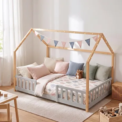 Zdjęcie produktu dla Łóżeczko dla dziecka "Sisimiut" w stylu Montessori, w jasnoszarym kolorze z elementami naturalnego drewna, wykonane z drewna sosnowego, wymiary 120 x 200 cm, z zabezpieczeniem przed wypadnięciem