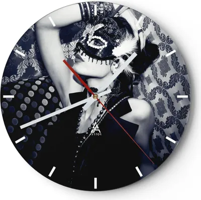 Produktbild von Wanduhr - Rund - Glasuhr - Frau Karneval Maske Mode - 30x30cm - Schleichendes Uhrwerk - Lautlos - zum Aufhängen bereit - Dekoration Modern - Wanddekoration aus Glas - C3AR30x30-2212