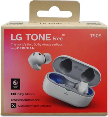 The image shows the retail packaging for LG TONE Free T90S earbuds. The box is open, revealing the earbuds and their charging case.