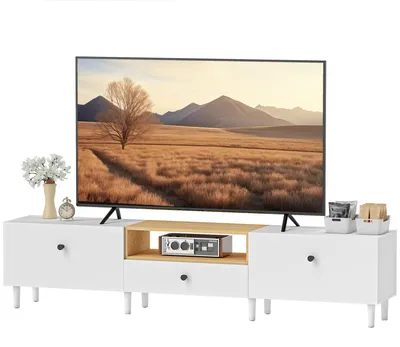 Produktbild von TV-St?nder, TV-Schrank fš¹r Fernseher bis 90 Zoll mit 2 Klapptš¹ren, Schublade, 200 x 35 x 45 cm, wei?